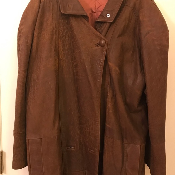 Womens 80s Vintage Long Brown Genuine Leather Coat - Picture 14 of 16